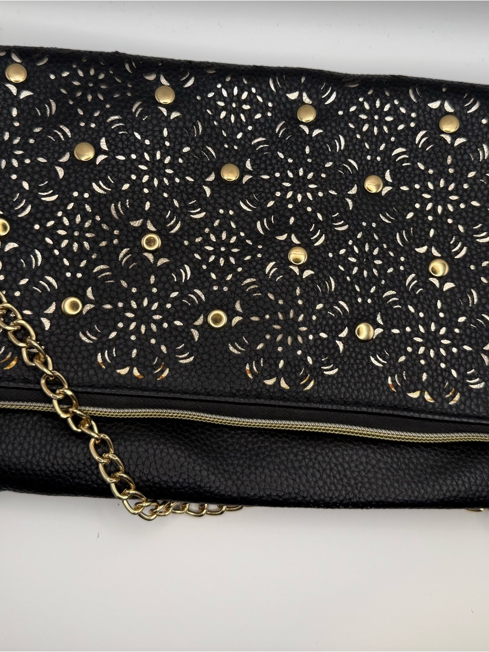 Urban Expressions Black Floral Laser-Cut Clutch with Gold Studs & Chain